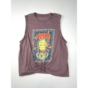 Obsessive Love Womens Sunset Sun Graphic Muscle Tank Top Purple Mauve Large L